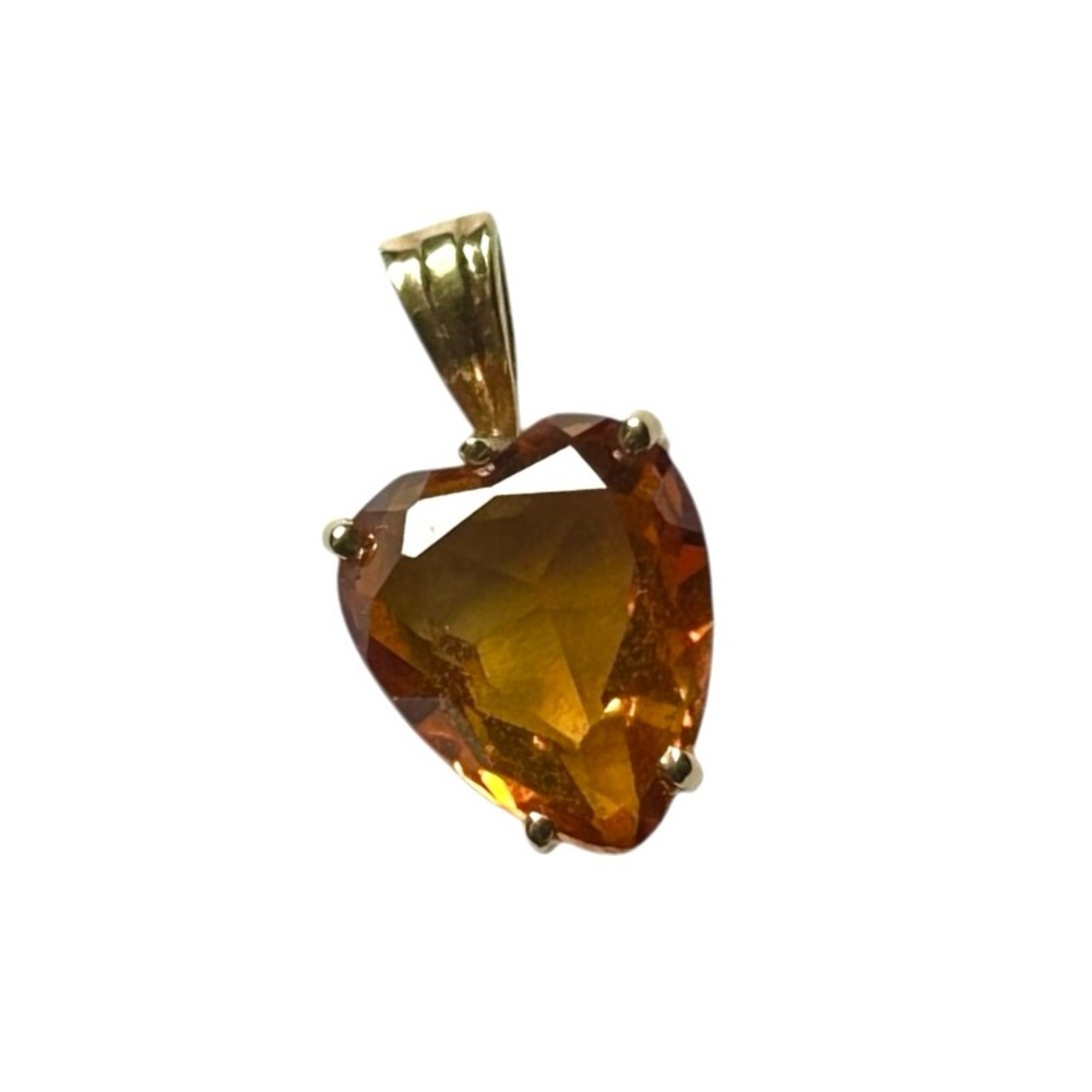 14k Yellow Gold Orange Brown Heart Stone Necklace Pendant .6” 1.6”